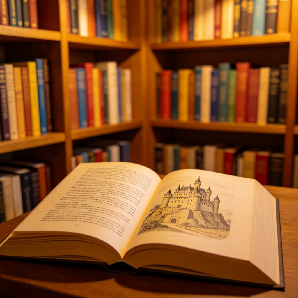 A well-lit, cozy home library shelf filled with colorful book spines. In the foreground, one thick book is open, showing text on the left page and an illustration of a castle on the right page. Soft focus on the background. No text or logos on the book covers.