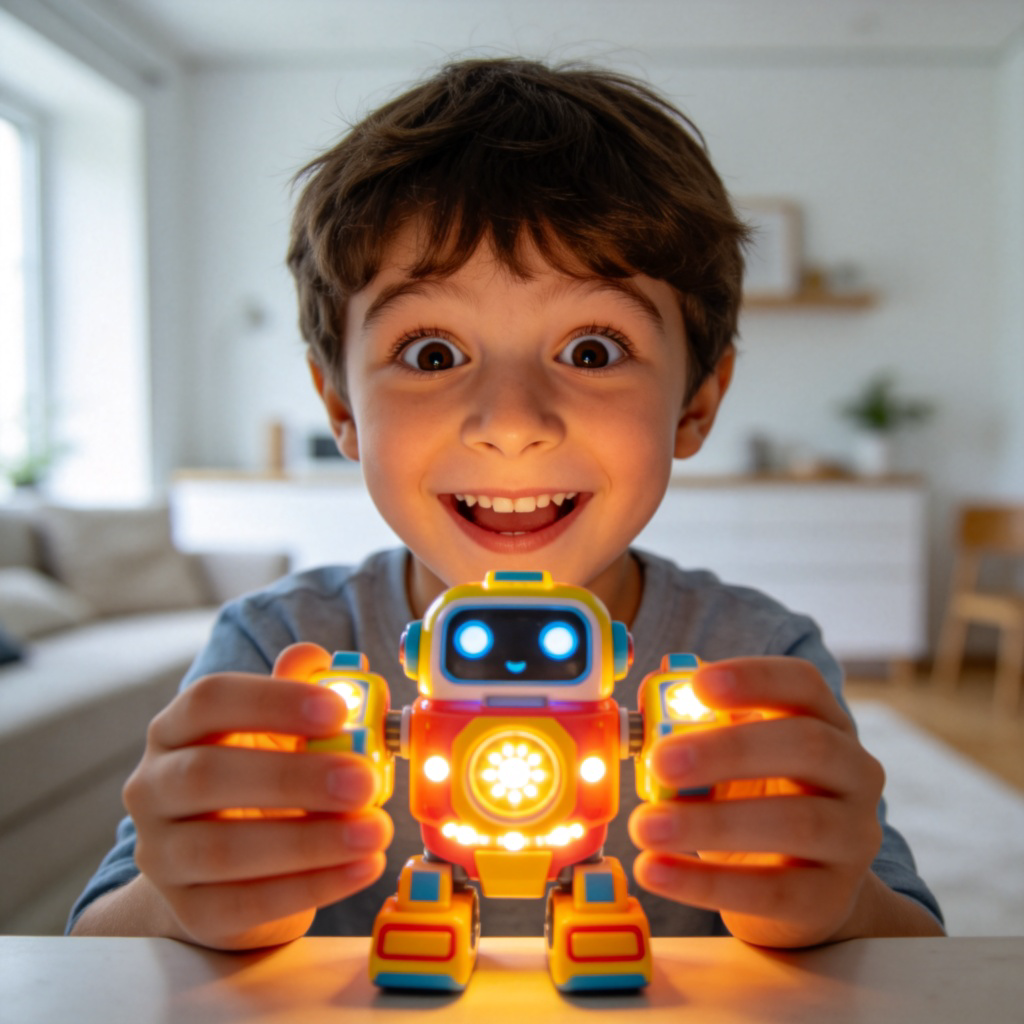 A child's hands playing with a newly unboxed, brightly colored interactive toy robot that lights up. The child looks amazed and happy. The background is a clean, modern living room. Focus on the toy and the child's reaction. No boxes or logos visible.