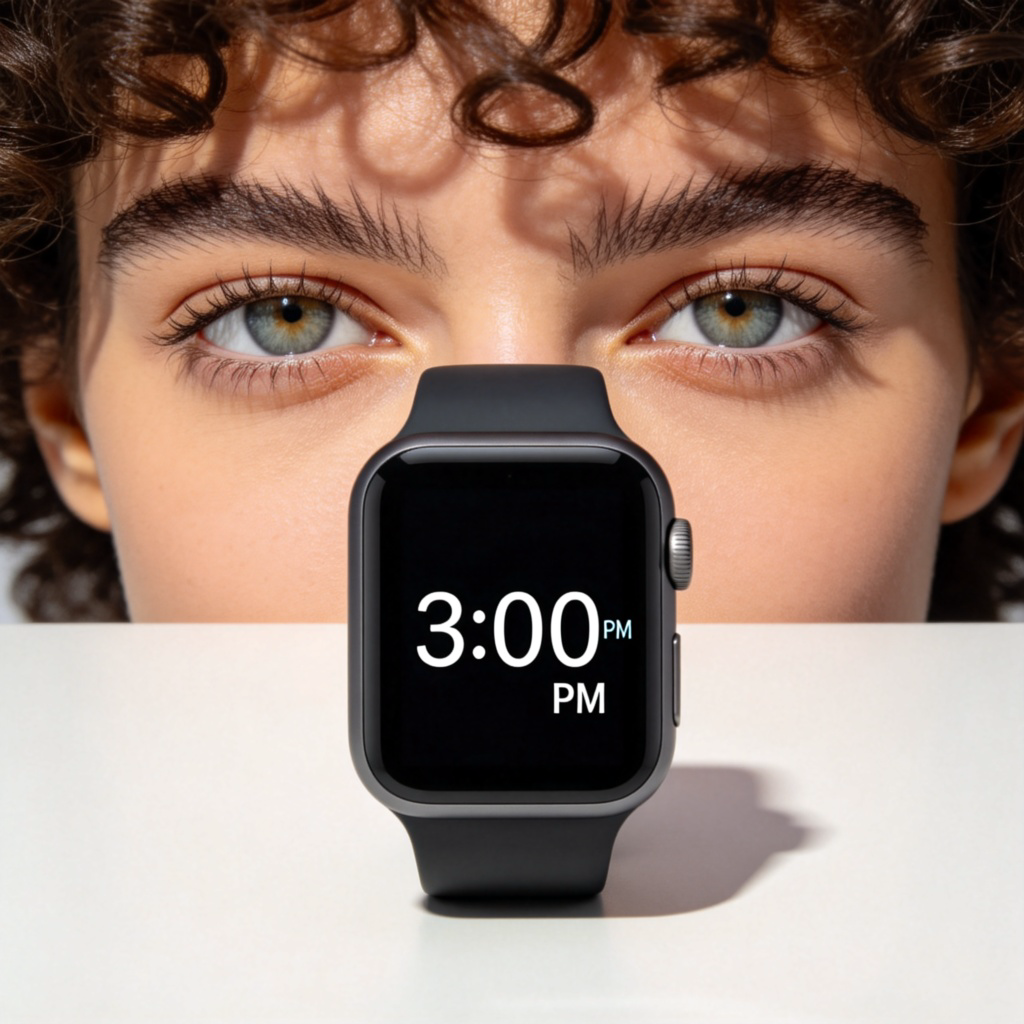 A person looking at a modern digital watch or a smartphone showing the current time, like 3:00 PM. Their eyes are focused on the display, and the lighting suggests it is daytime. Clear, sharp focus on the watch or phone screen. No text or logos visible.