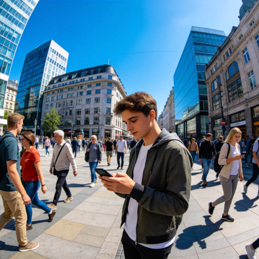 A wide-angle shot of a vibrant, modern city street in the daytime. People of diverse ages are walking, some are looking at their smartphones. In the foreground, a young adult is checking a message on their phone, wearing casual modern clothes. The scene is bustling but not crowded, with clear blue sky and contemporary buildings in the background. The overall feeling is of a typical day in the current era. No text or logos.