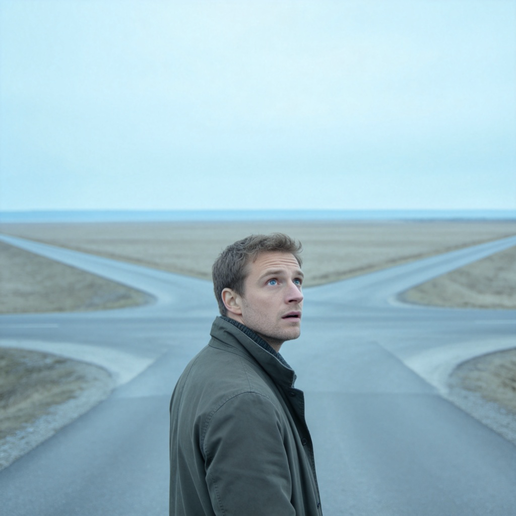 nowhere 含义图解：空旷路口，人物迷茫，表达无处可去