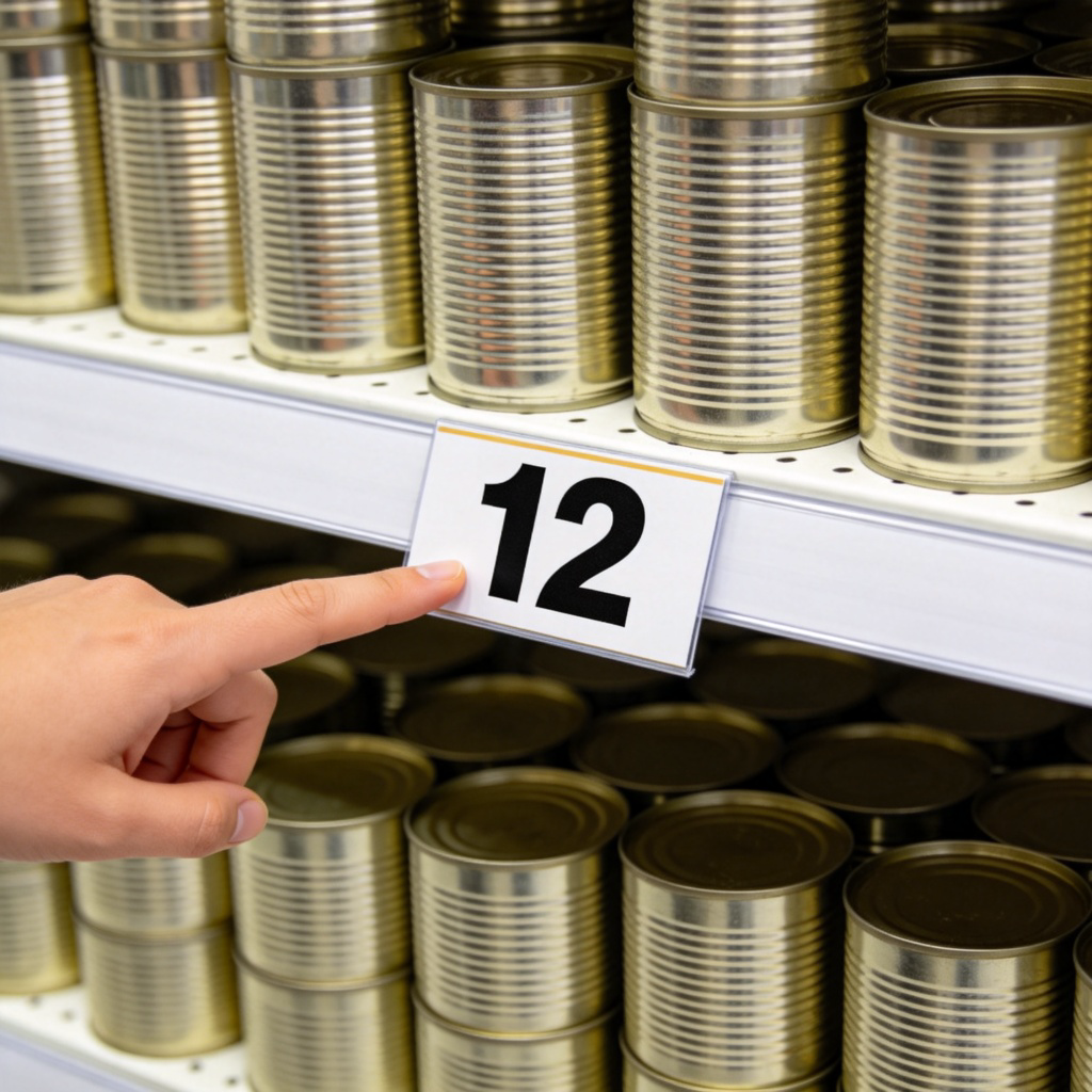 A supermarket shelf with many identical cans of food neatly stacked. A close-up shot shows a person's finger pointing at a price tag that clearly displays the number '12' in large, bold font, indicating the quantity or price. Bright, even lighting, clean background. No text on the cans.