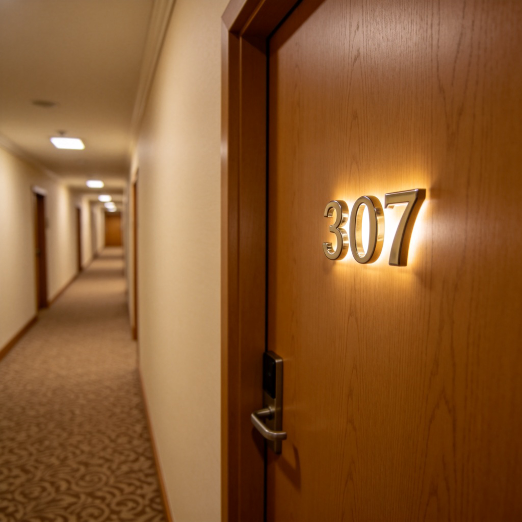 A long, quiet hotel corridor with a carpet. The camera focuses on a single wooden door. A shiny, metallic number '307' is clearly attached to the door at eye level. Soft hallway lighting creates a slight glow around the numbers. The scene is calm and orderly.