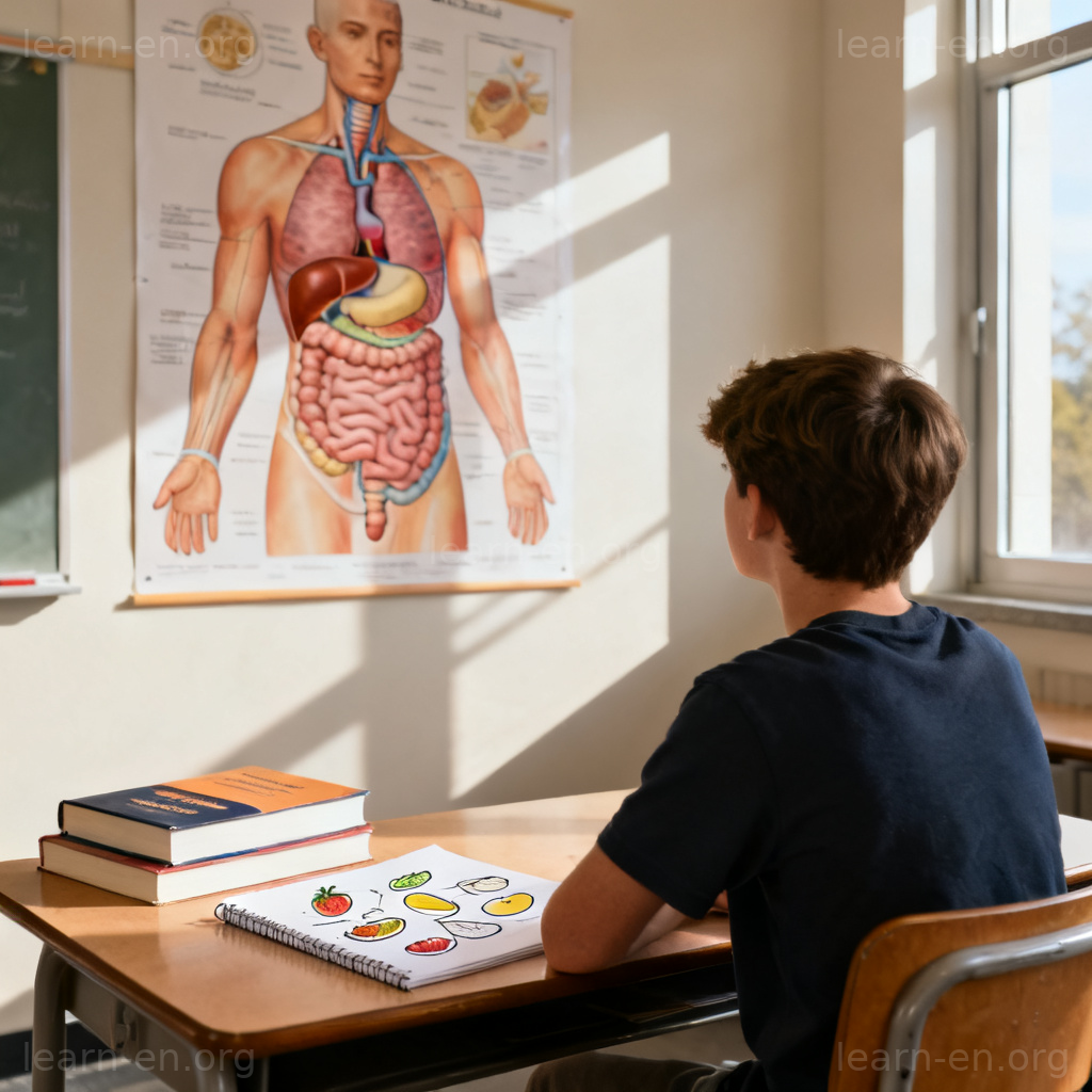 nutrition 营养学含义图解：课堂上的消化系统与食物图表