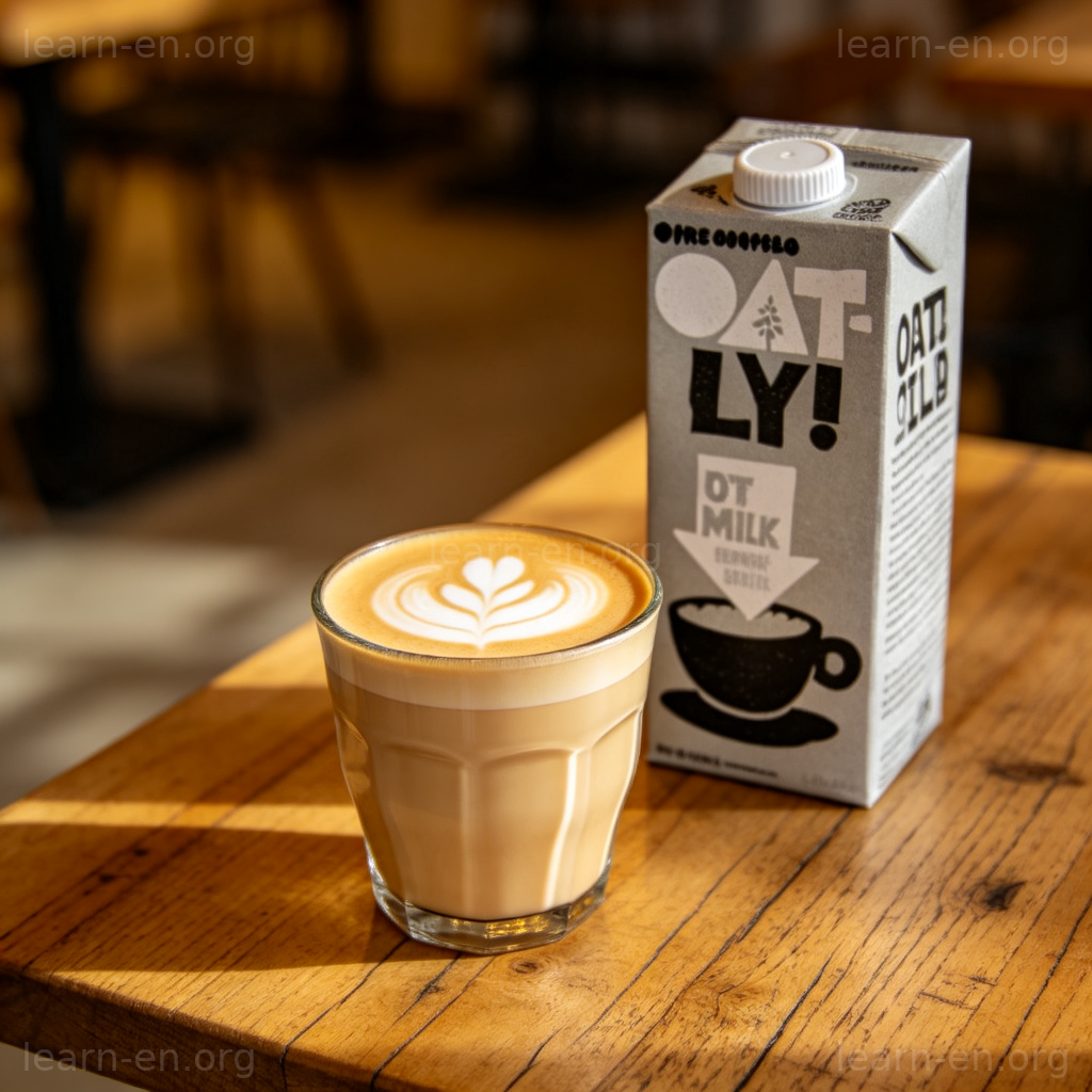 燕麦奶图解：一杯燕麦奶拿铁与纸盒装燕麦奶置于木桌场景