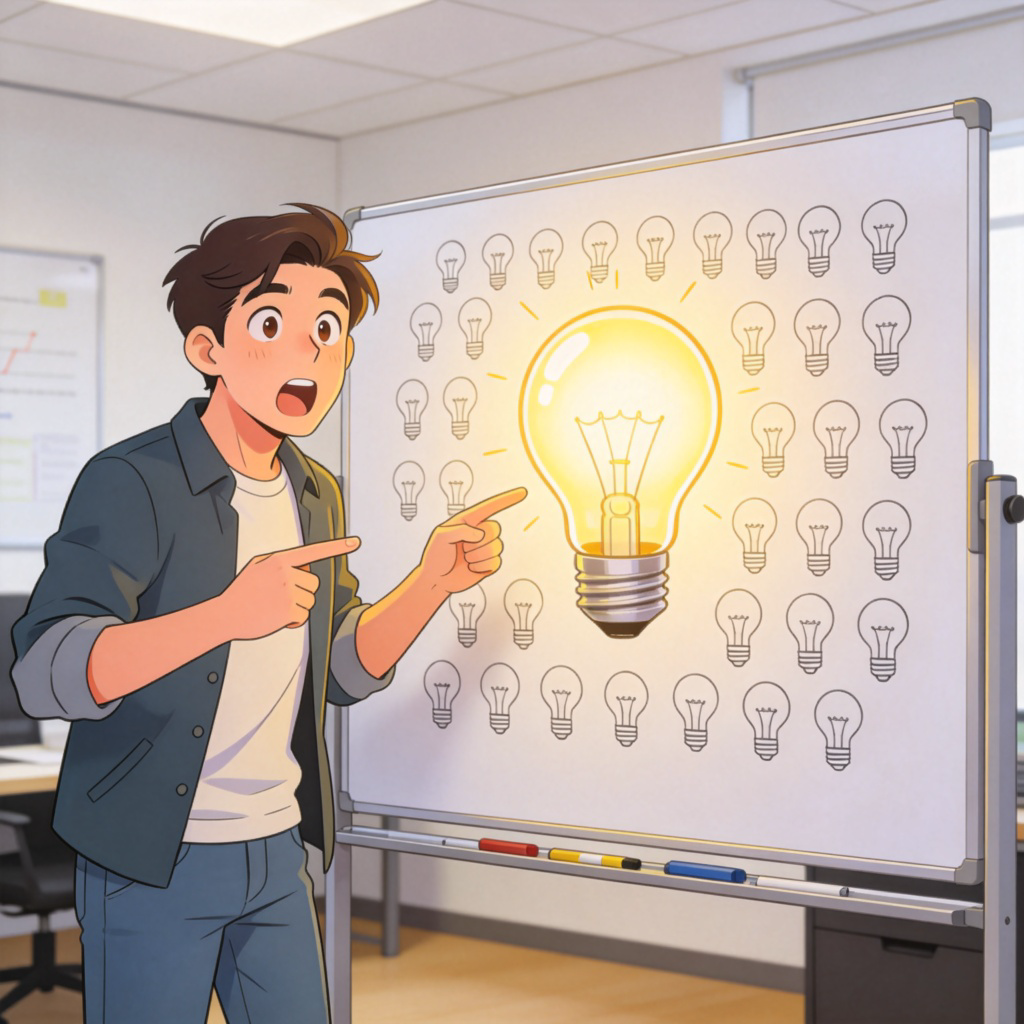 obvious 含义图解：办公室场景中的人指向白板上最显眼的灯泡