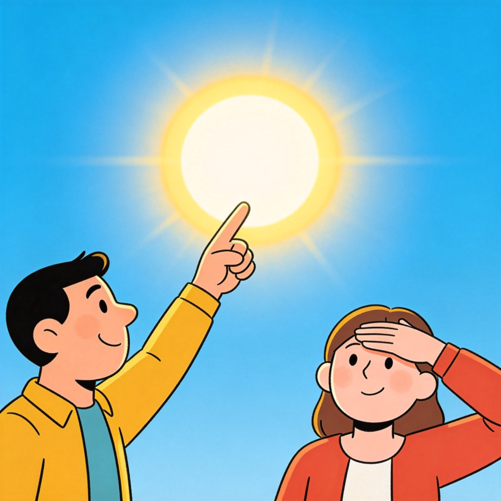 A person points a finger directly at a large, bright sun in a clear blue sky, while another person next to them is nodding in agreement, shielding their eyes from the bright light. The scene conveys that the sunlight is strong and undeniable. Simple background, cartoon style, clear and direct.