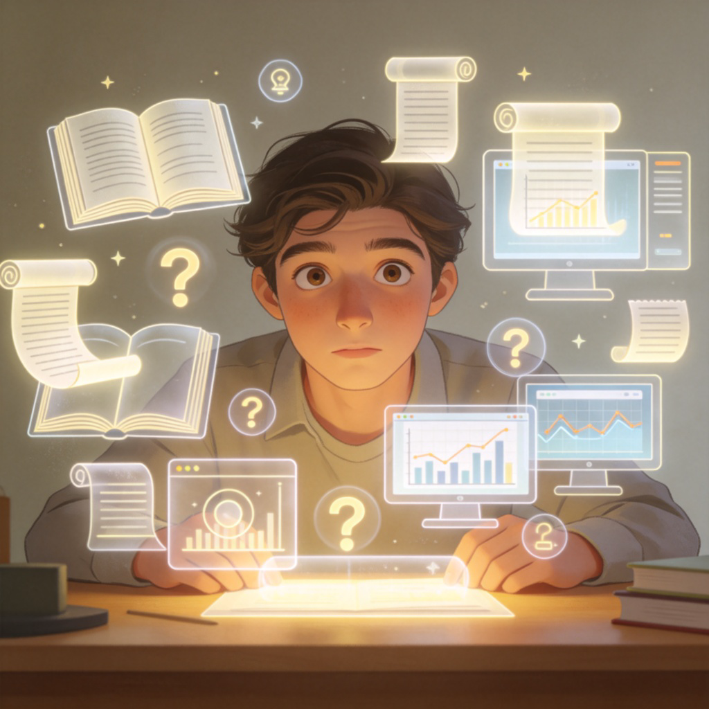 A person sitting at a desk, looking slightly overwhelmed but curious. In front of them and floating around them are many translucent, glowing icons representing information: open books, paper scrolls, computer screens with graphs, and question marks. The background is a soft, neutral color. The scene visually conveys ‘a lot to learn or process’. No text.