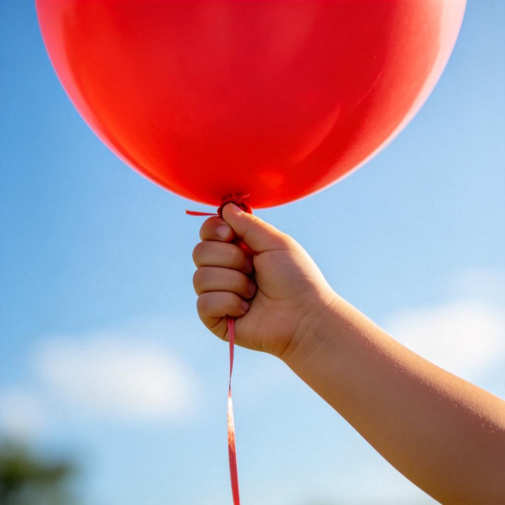 A close-up shot of a child's hand holding a bright red balloon by its string. The child's hand is clearly connected to the balloon string, visually representing possession. The background is a soft, blurred blue sky. The focus is on the connection between the hand and the balloon. No text or logos.