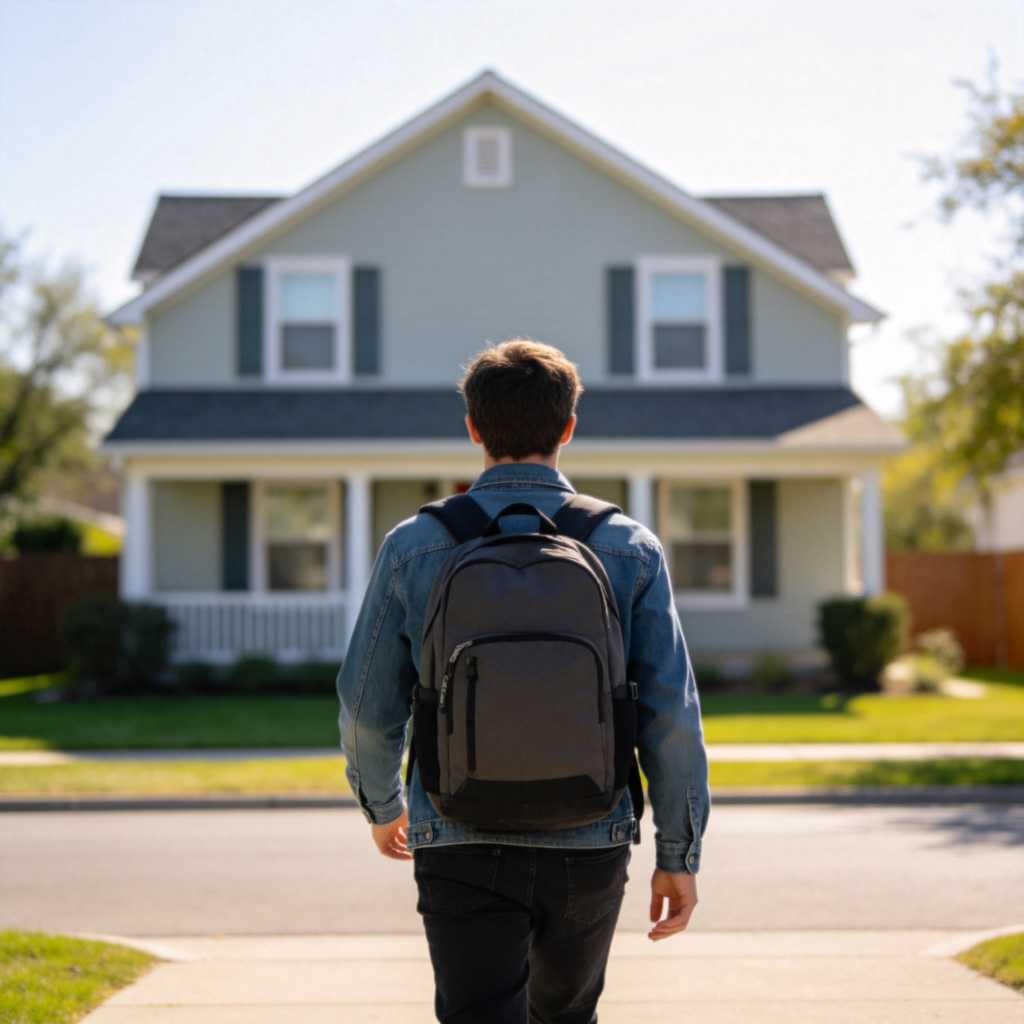 A person walking away from a house, seen from behind. They are carrying a backpack, suggesting departure. The house is in soft focus in the background. Bright daylight, clear and simple composition.