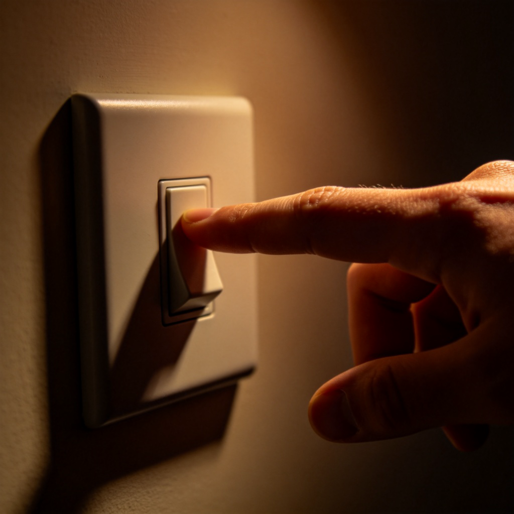 A close-up of a human hand pressing a light switch downwards to the "off" position. The room is dimly lit, suggesting the light is being turned off. Focus is on the switch and hand. No text on the switch.