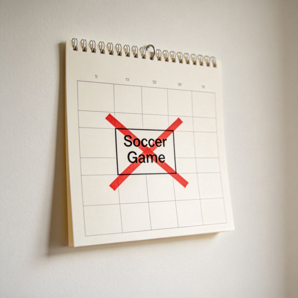 A close-up of a paper calendar on a wall. A red "X" is marked through a square that originally had "Soccer Game" written on it. The rest of the calendar is clean. Symbolizes cancellation of an event.