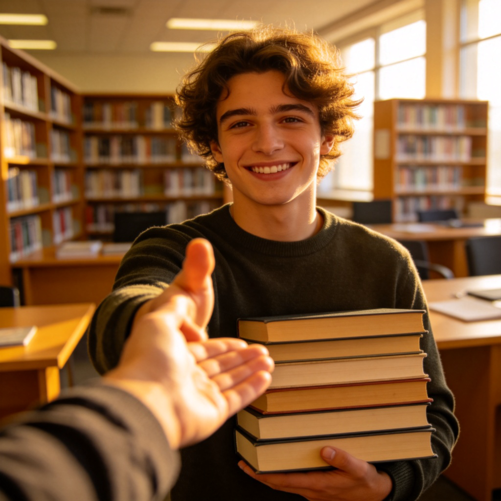 A person smiling warmly, extending a hand towards another person who looks slightly overwhelmed with a stack of books. The gesture is clear and helpful, in a friendly setting like a library or office. Natural lighting, focus on the gesture of offering help. No text.