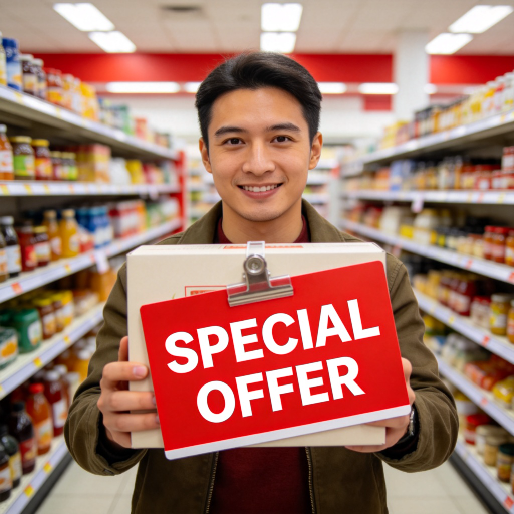 A customer in a supermarket, holding a product with a large, bright red "SPECIAL OFFER" price tag clearly attached to it. The tag shows a reduced price compared to the original. Clean, well-lit store shelves in the background. Focus on the product and the price tag. No text on the image except the fictional price tag.