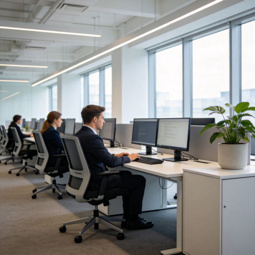 A modern, well-lit office interior with multiple neat desks. Each desk has a computer monitor, a keyboard, and a comfortable office chair. A potted plant is on a nearby cabinet. The view is from the side, showing people working at their desks. Bright, natural light from large windows. Photorealistic style, no text.
