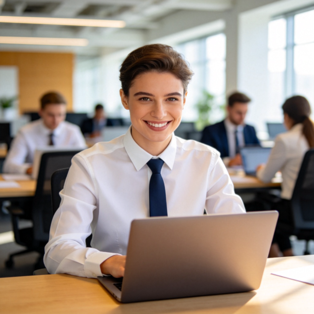 A professional businessperson, wearing smart office attire (shirt and tie or blouse), smiling confidently while working at a laptop in a modern, open-plan office with colleagues in the background. Focus is on the person. Bright, natural lighting, professional atmosphere. No text on screen.