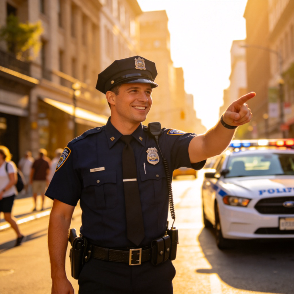 A friendly police officer in a standard police uniform (dark blue or black), standing on a sunny city street. The officer is smiling and pointing directions, helping a tourist. The police car is partly visible in the background. Clean, clear image, focus on the officer. No text.