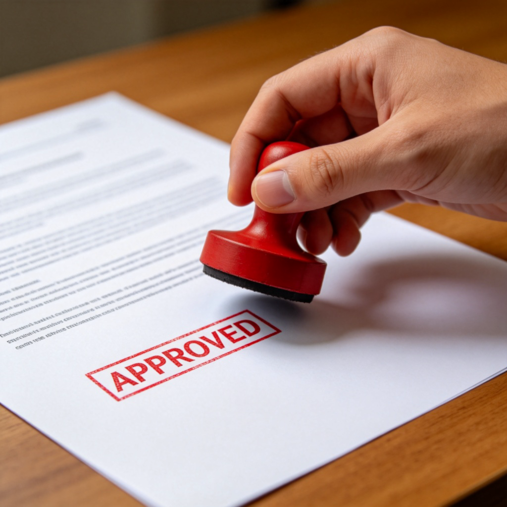 A close-up of a hand placing a red official stamp onto a white paper document. The stamp clearly shows words like "APPROVED" or a government seal. The background is a simple wooden desk. Sharp focus, natural light, no people or text in the image.