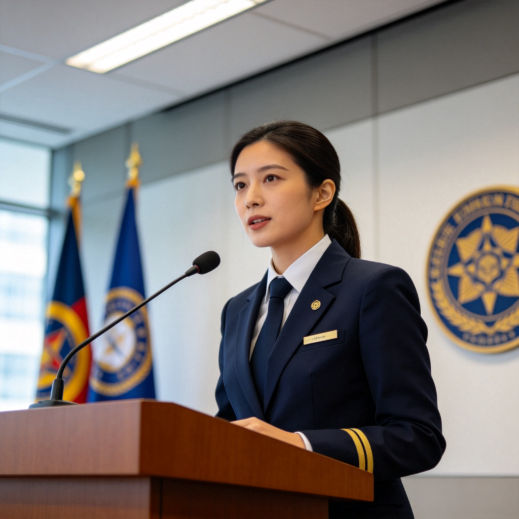 A person wearing a neat suit or uniform, standing at a podium in a modern office or government building, speaking into a microphone. The background includes flags or organizational logos. The person looks professional and engaged. Clear lighting, no text on the podium or walls.