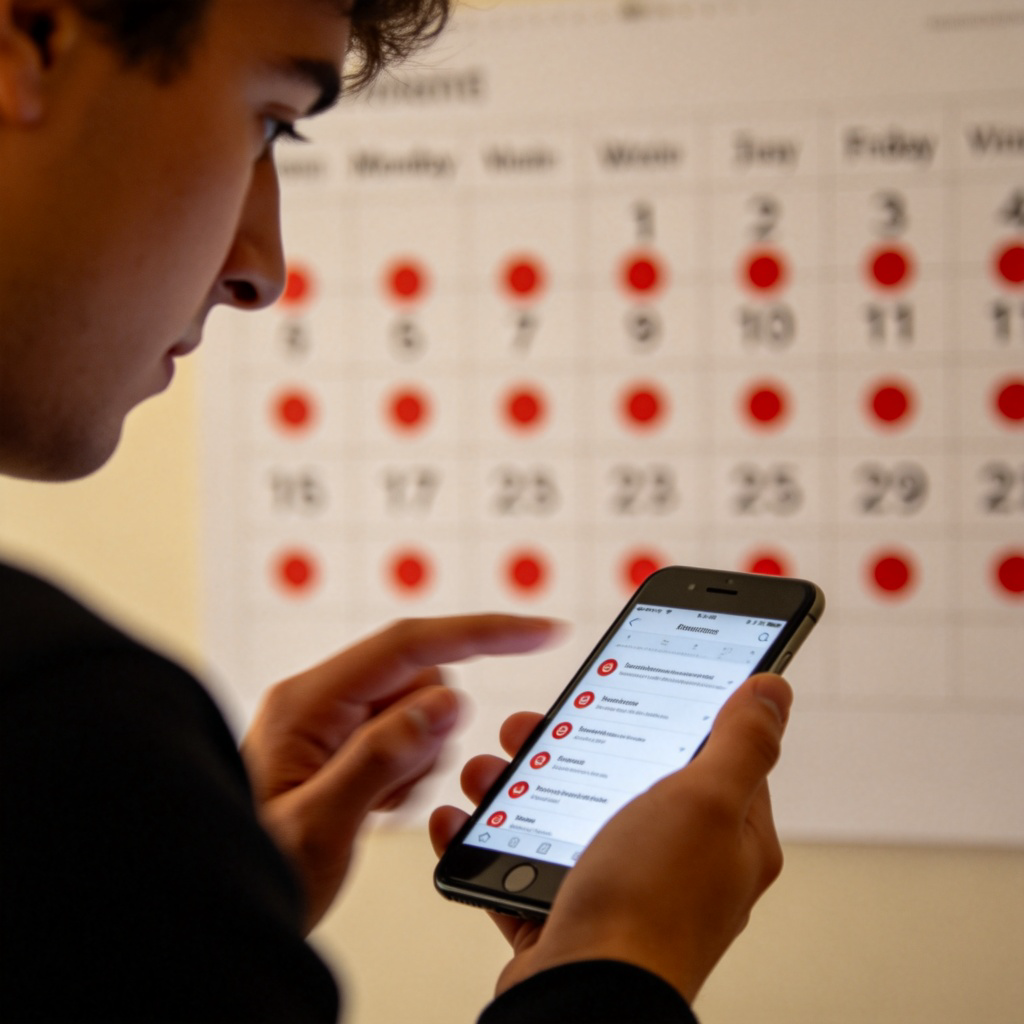 A person looking at a smartphone screen, their finger hovering over it as if ready to tap. In the background, a blurred calendar shows the same small icon on multiple days of the week. The action suggests checking or doing something repeatedly. Focus on the recurring pattern.