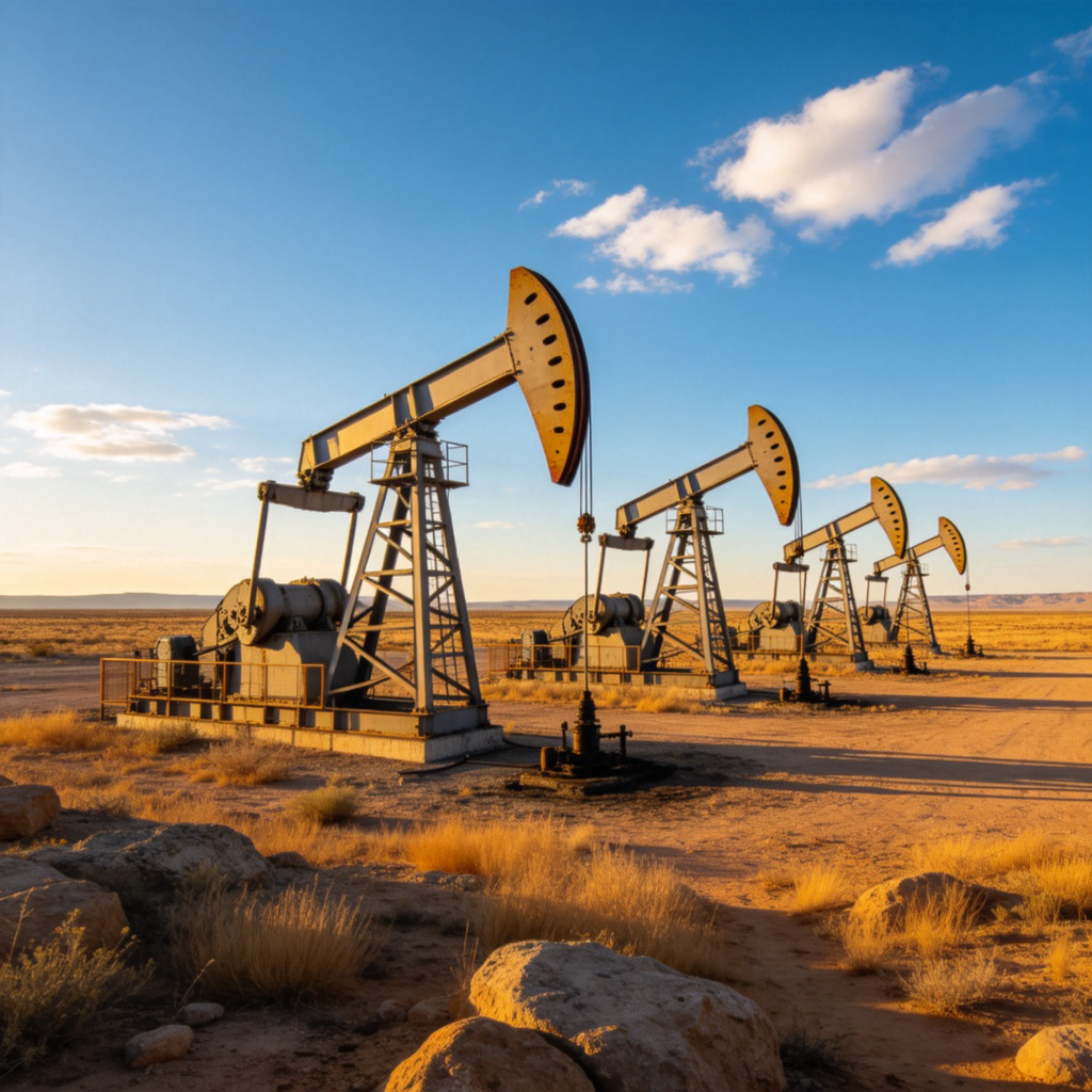 A vast, arid landscape with several large metal pumpjacks (nodding donkeys) in a row, slowly moving up and down to extract oil from underground. The sky is blue with a few clouds, emphasizing the industrial scene in a natural setting. No text.