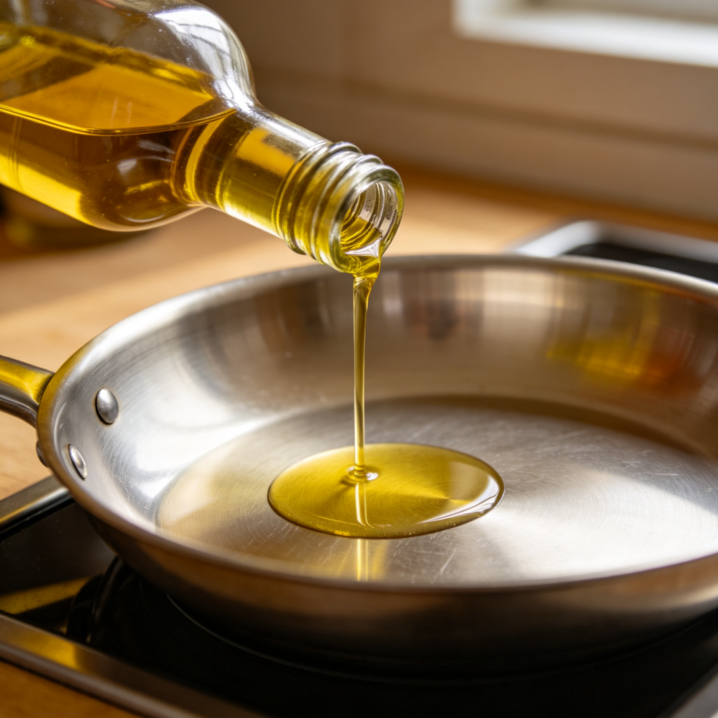 A clear glass bottle of golden yellow olive oil, tilted as if being poured. A small stream of oil is flowing into a shiny steel frying pan on a kitchen counter. Warm, natural lighting. No text.