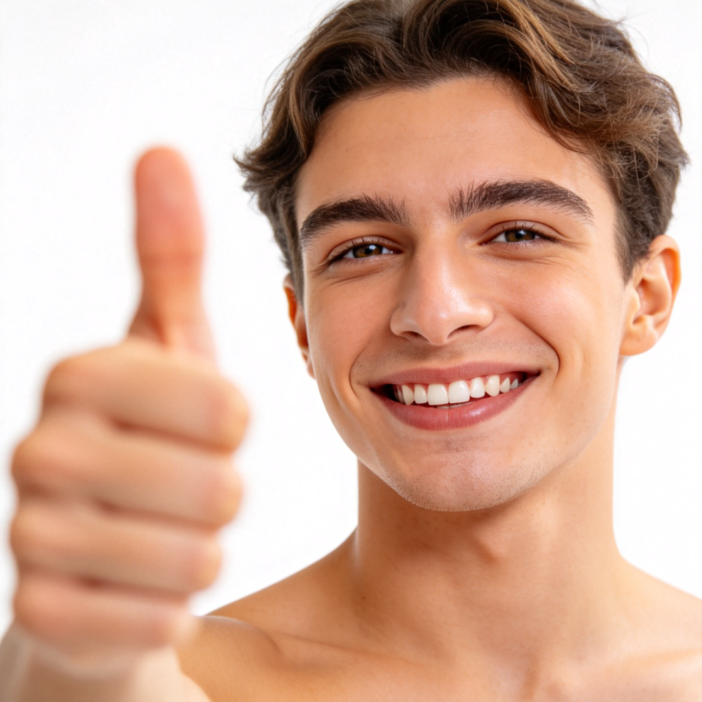 A person raising one hand with a thumbs-up gesture, smiling and looking at the camera. The background is simple and bright. Focus on the person's approving expression and clear gesture. No text.