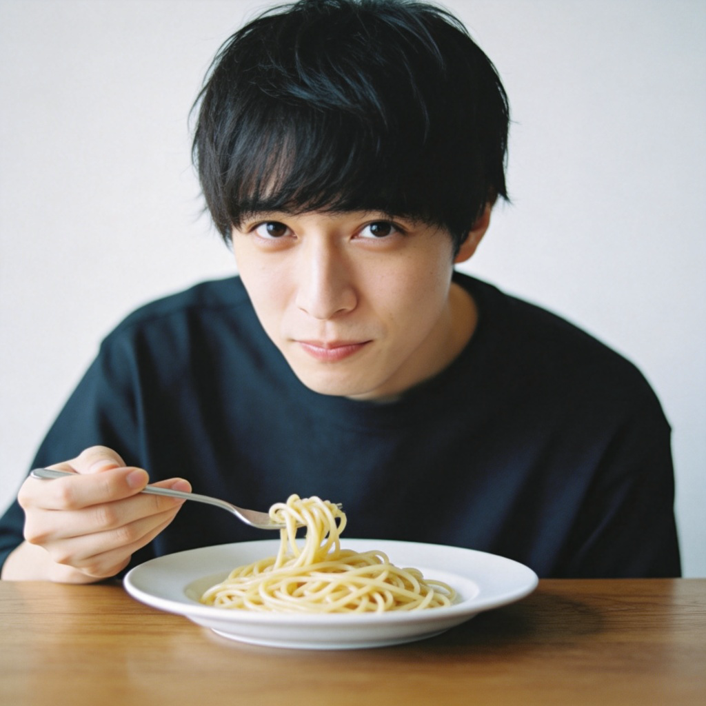 A person tasting a simple meal (like pasta or rice) at a table, making a neutral, non-committal expression-neither frowning nor smiling brightly. The food looks ordinary. Plain background, focus on the person's face and the food. No text.