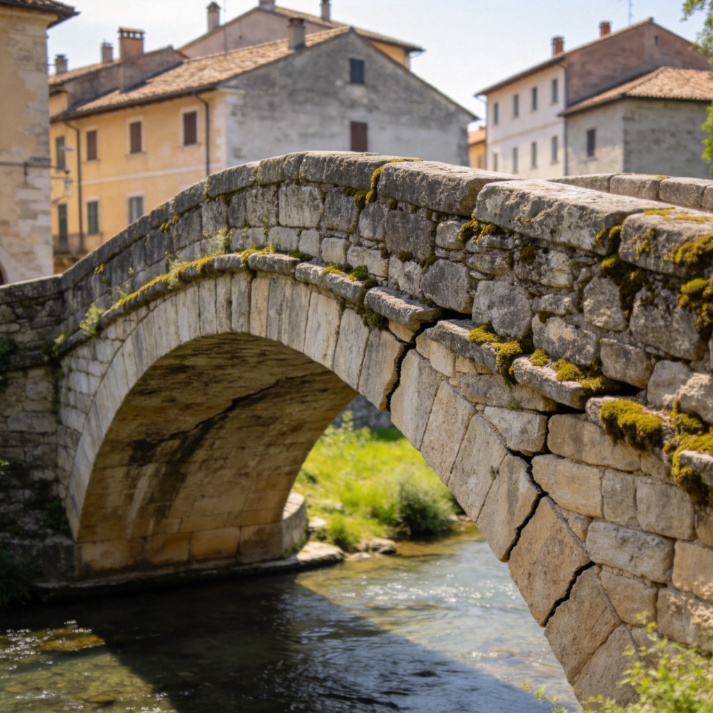 A close-up of an ancient stone bridge with weathered, moss-covered stones and visible cracks, spanning a small river in a historic town. Bright daylight, the bridge is the main focus. The background shows a few traditional buildings. No text, realistic photography style.