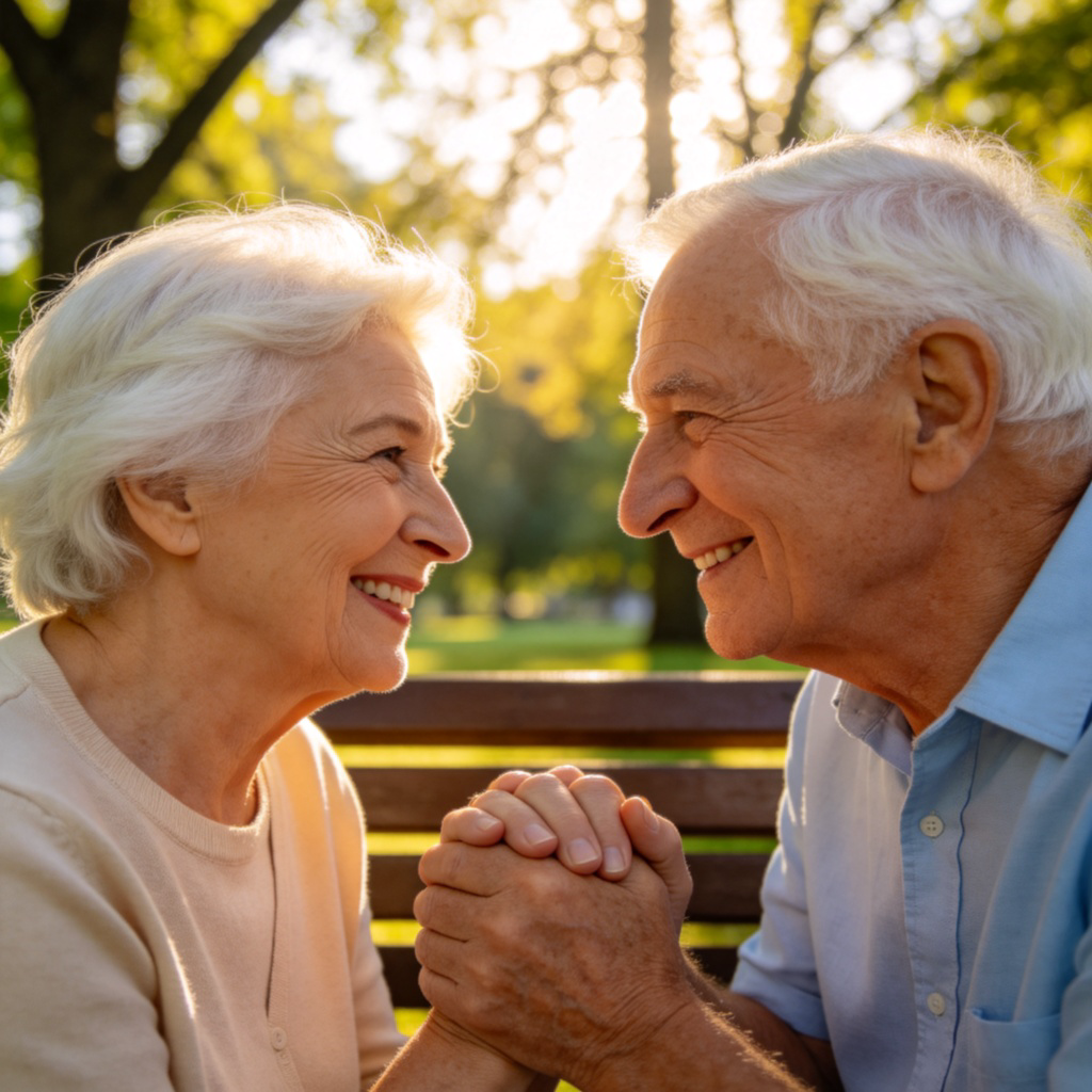 A smiling elderly couple sitting on a park bench, holding hands. They have white hair and gentle wrinkles. The park is sunny with trees in the background. Warm, natural lighting. Focus is on their faces and the connection between them. No text, realistic portrait photography.