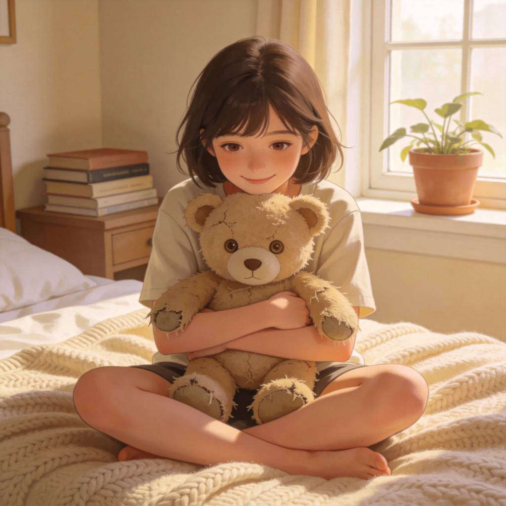 A girl sitting on her bed, smiling while holding a worn-out teddy bear that is slightly misshapen. She is in a cozy bedroom, looking nostalgic. The focus is on the connection between the girl and the teddy bear. Soft indoor lighting. No text, realistic illustration style.