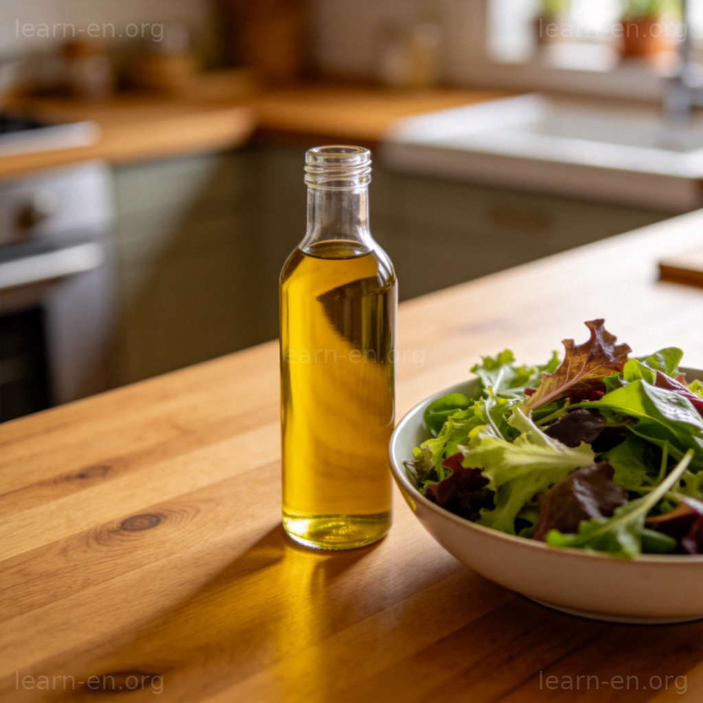 橄榄油图解：玻璃瓶装金黄色橄榄油与新鲜沙拉在厨房的场景