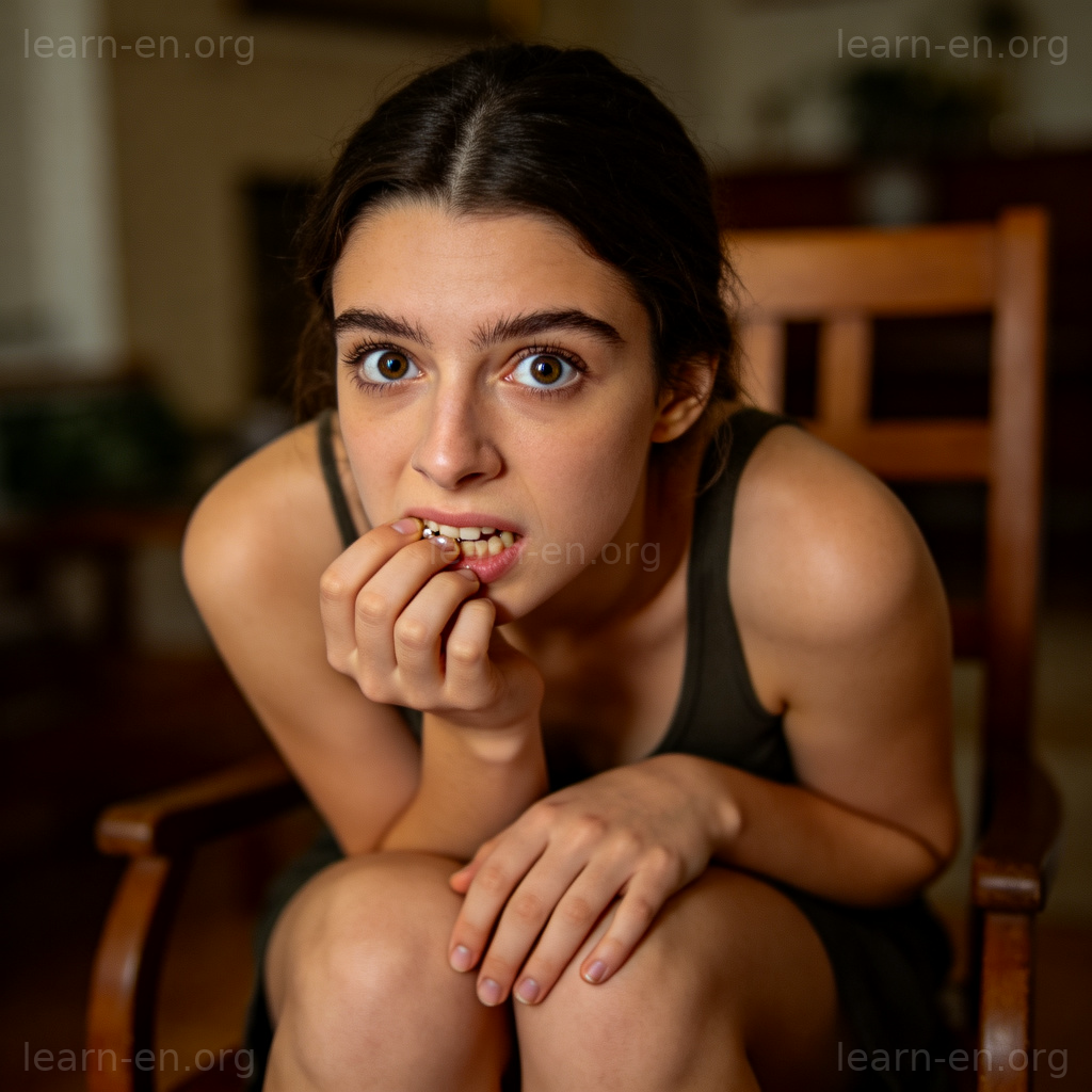 on edge 短语图解：紧张不安的人坐在椅子边缘咬指甲