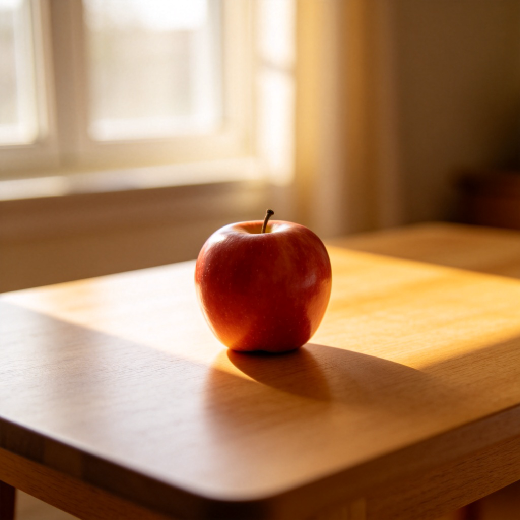 A simple, realistic photo of a red apple sitting on a clean, wooden table. The apple is the clear focus, with soft sunlight coming from a window, creating a small shadow underneath it. No other objects or text are present in the frame.
