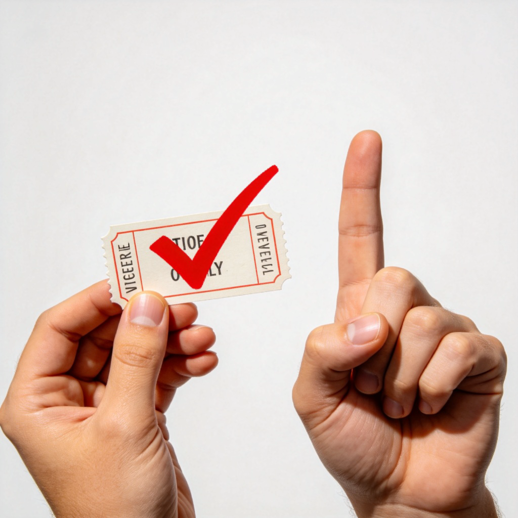 A person holding a single movie ticket stub, with a big red checkmark drawn on it, against a plain background. Their other hand is holding up one finger (the index finger). Focus on the ticket and the single finger, symbolizing 'one time only'. Bright, clear lighting, realistic style. No text.
