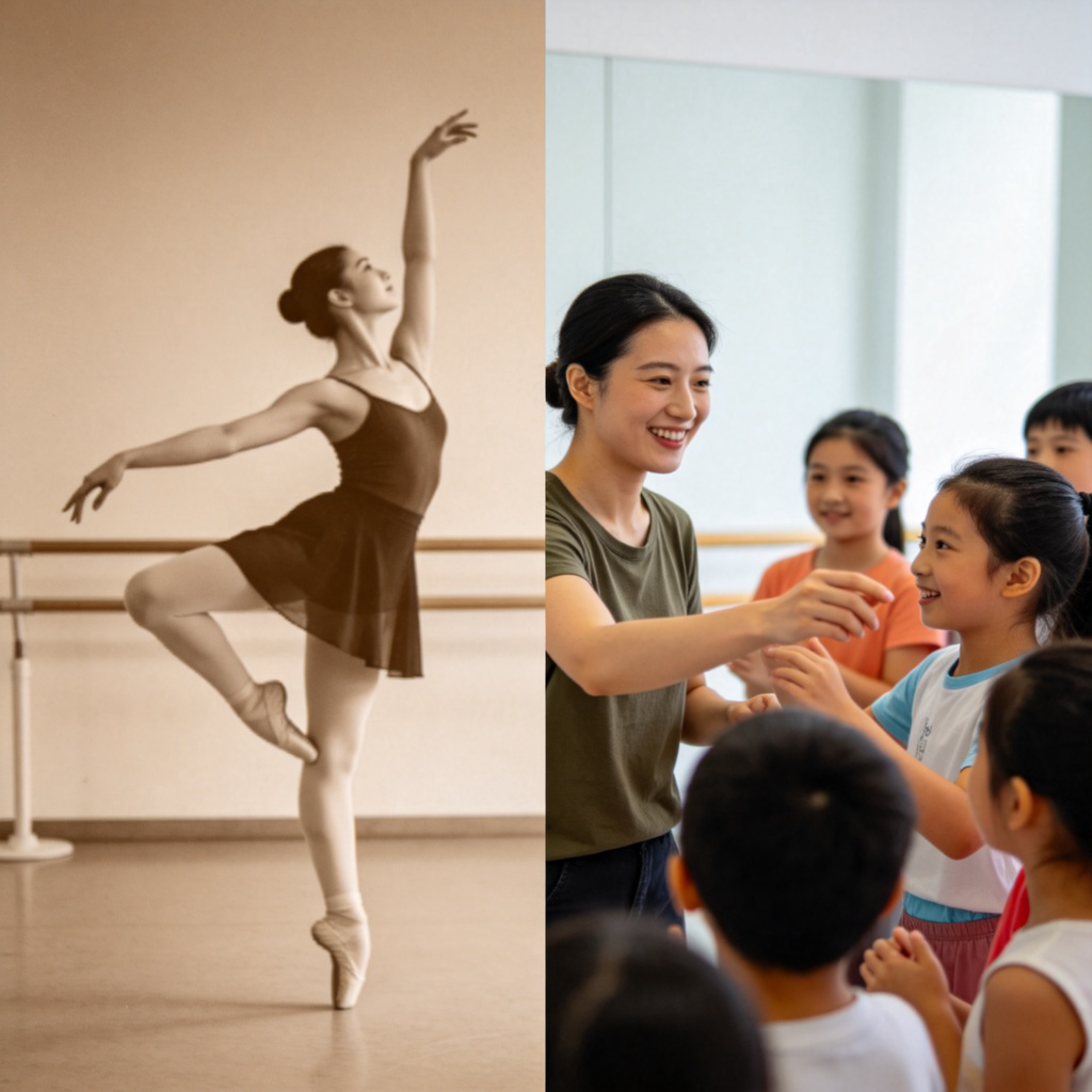 A split-screen image. The left side shows a faded, sepia-toned photograph of a person in a ballet pose. The right side shows a modern, color photo of the same person (or a similar-looking person) in casual clothes, smiling and teaching a group of children. The contrast highlights 'once was' and 'now is'. Simple background. No text.