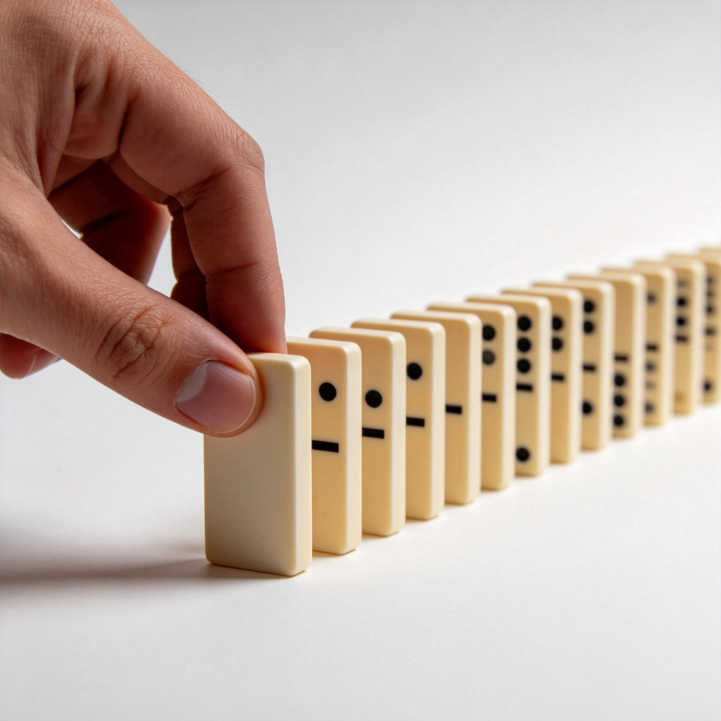 A hand poised to push the first tile in a line of standing dominoes. The action is about to happen. In the background, the rest of the dominoes are neatly spaced, ready to fall in a chain reaction once the first one is tipped. Sharp focus on the first domino and the hand, illustrating the moment 'once' an action is taken, consequences follow. Clean background. No text.