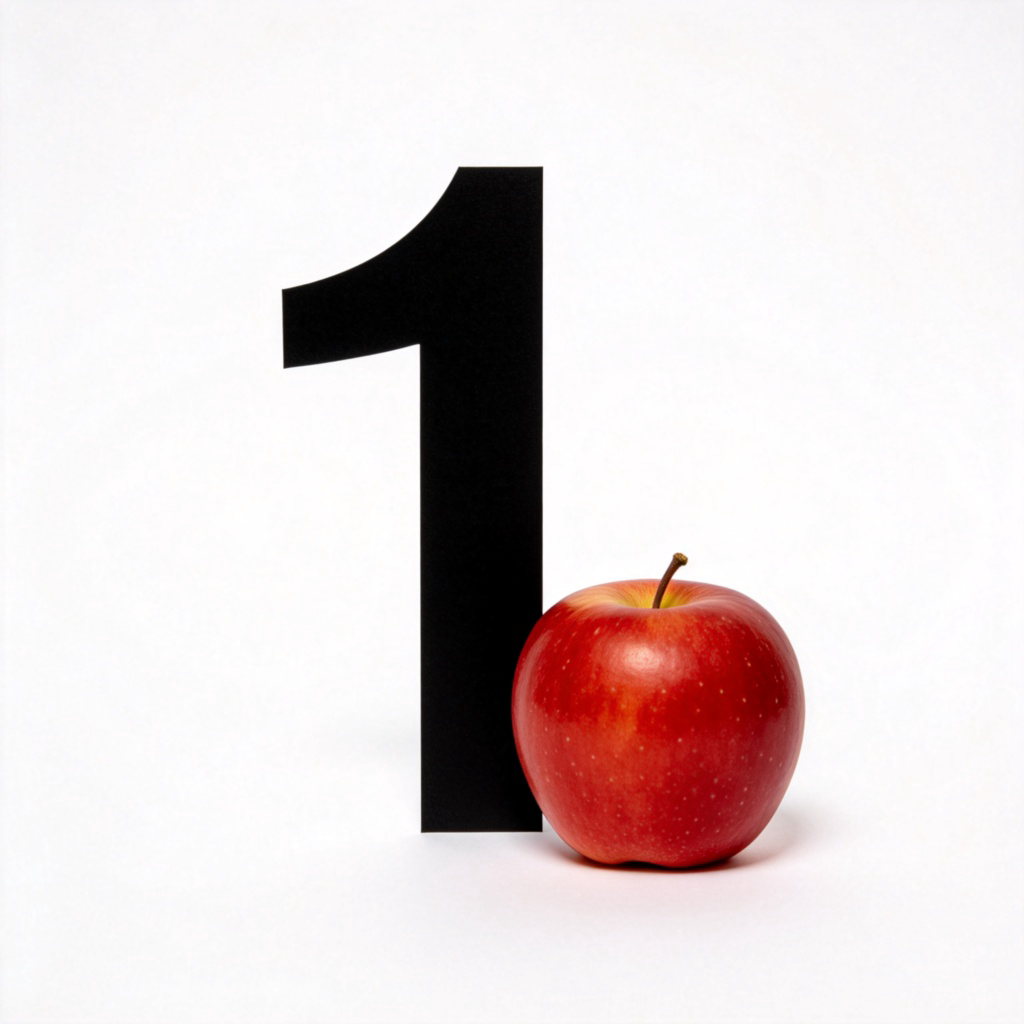 A large, clear, and bold numeral '1' written in black on a white background, like on a child's learning card. It is centered in the frame. A single, realistic red apple sits neatly to the right of the number. Soft natural lighting, simple and clean composition. No text or other objects.