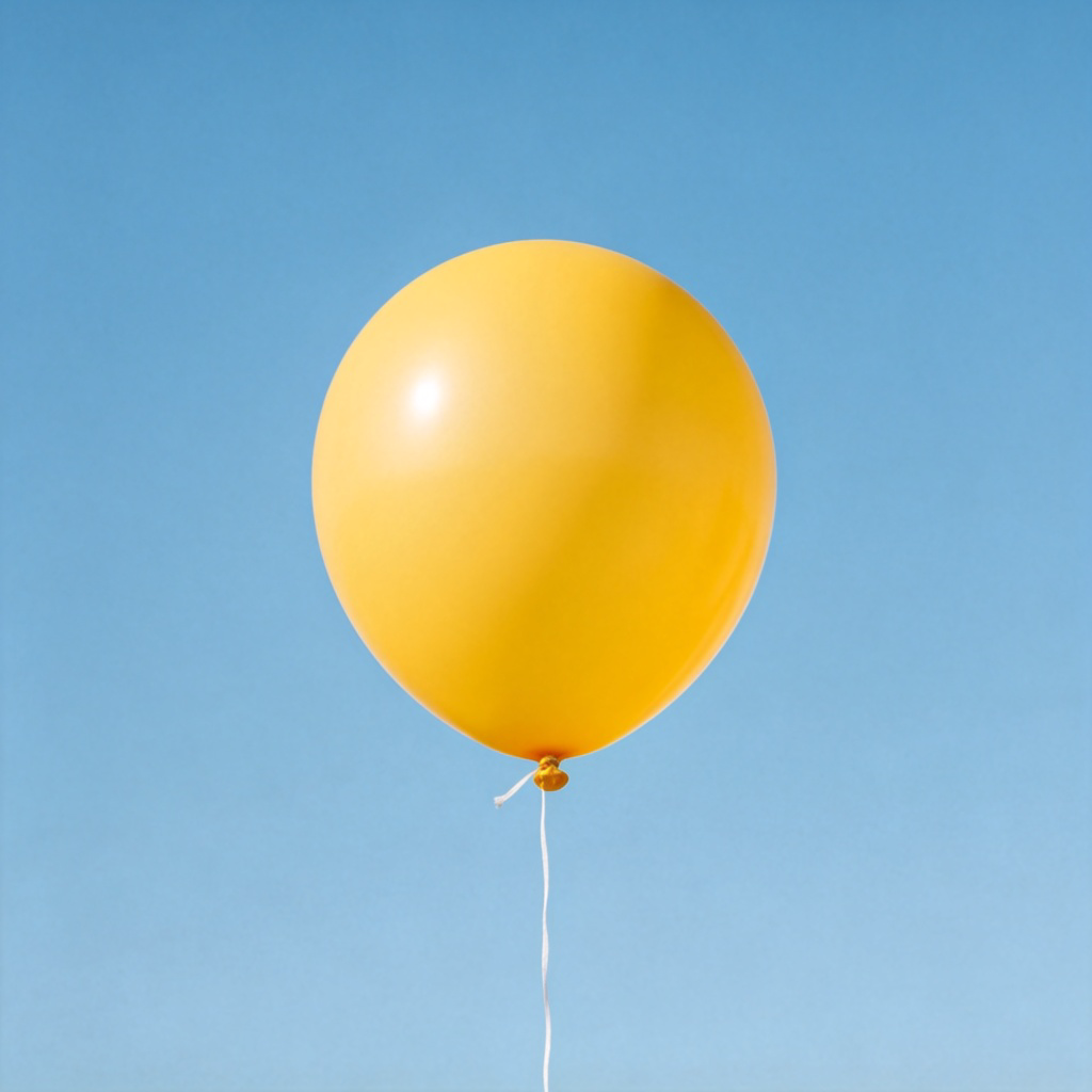 A single, perfectly round, yellow balloon floating against a plain, soft blue background. The balloon is tied with a thin white string that hangs down. The lighting is even, making the yellow color vibrant and the balloon the sole focus of the image. No other balloons or objects are visible.