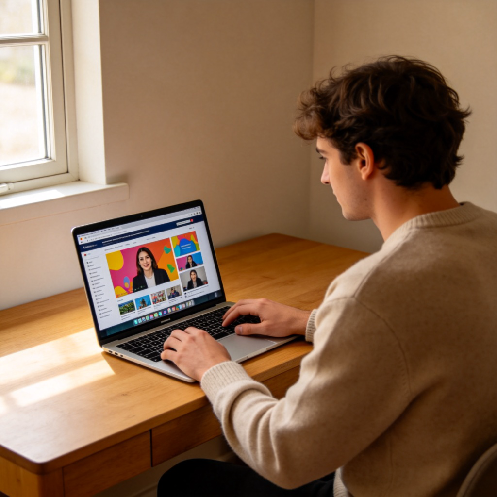 online 在线状态图解：人物在家中使用笔记本电脑上网的场景