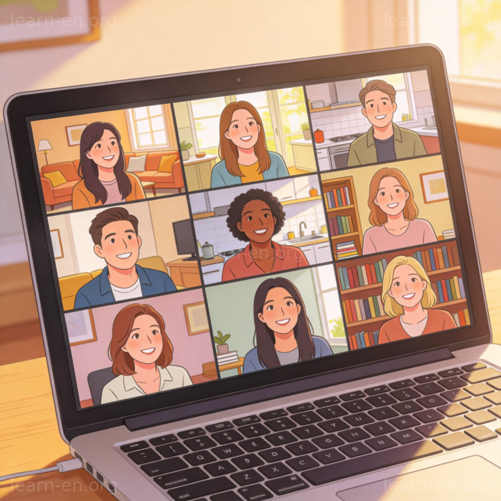 Online Meeting 图解：多人通过笔记本电脑视频框进行线上会议的场景