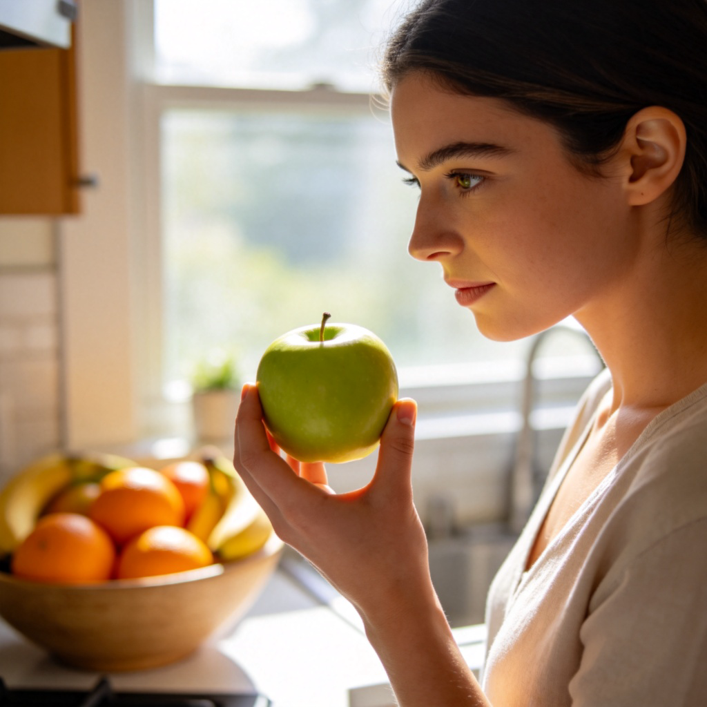 A person standing in a kitchen, holding a single green apple in their hand, with a bowl of mixed fruits like oranges and bananas visible but blurred in the background. The person is looking directly at the apple, emphasizing that only this apple is chosen. Natural sunlight from a window, clear focus on the apple and hand. No text or logos.