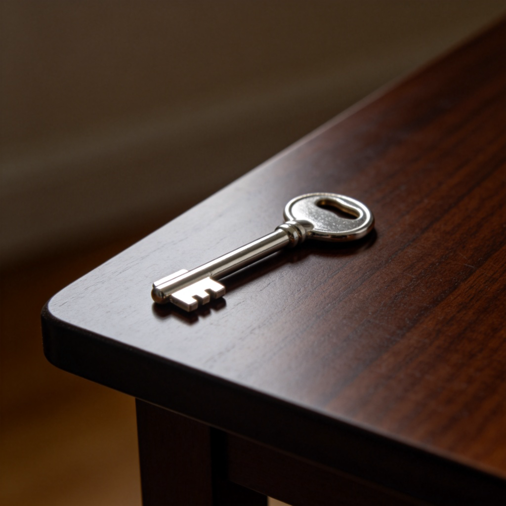 A single, shiny silver key resting on a dark wooden table, with no other objects nearby. The key is positioned centrally, catching light to highlight its uniqueness. Plain background, soft overhead lighting, detailed texture of the key and wood. No text or numbers.