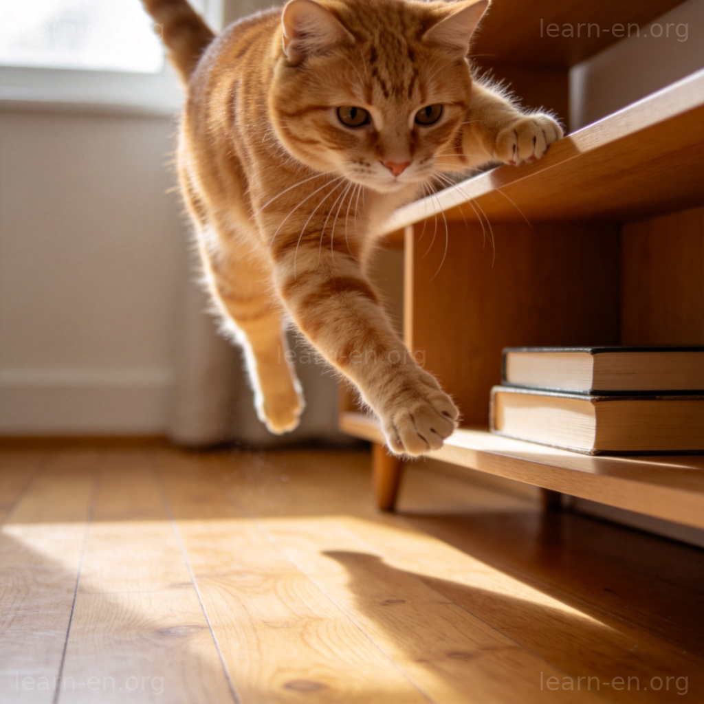 onto 含义图解：猫咪跳上书架的动态场景