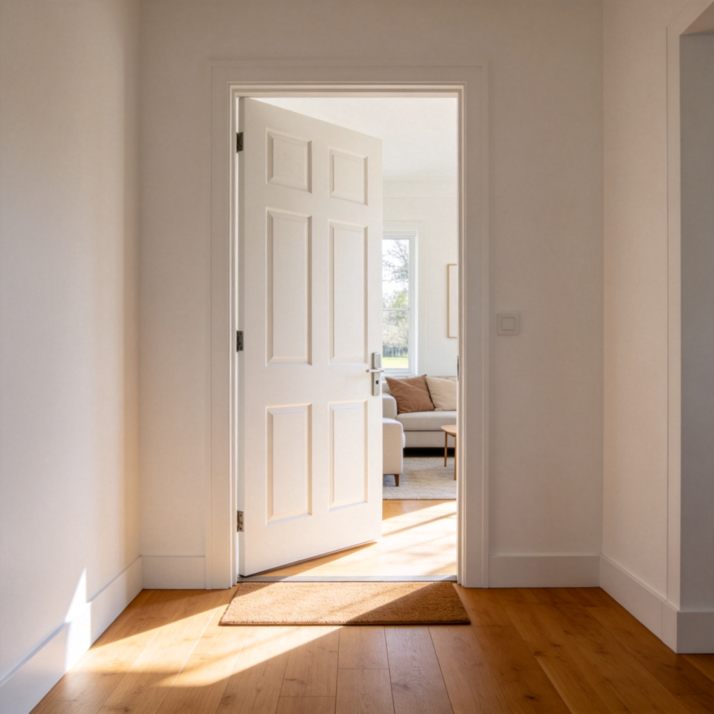 A clean, modern front door with a mat outside, shown wide open, revealing a glimpse of a cozy living room inside. Daylight streams through the open doorway onto a wooden floor. No text.