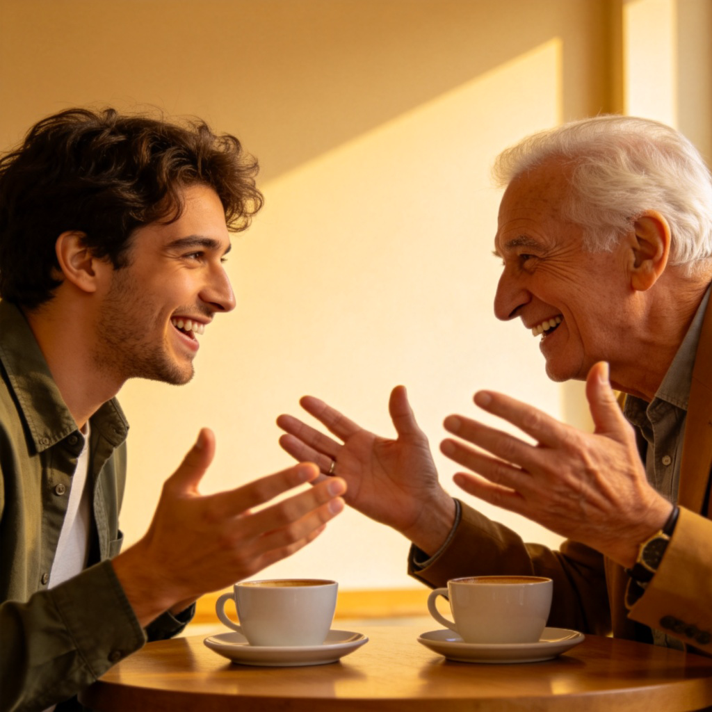 Two diverse people, one younger and one older, sitting at a cafe table having a friendly, animated conversation. Both are smiling and gesturing openly with their hands. Plain background, natural lighting. No text.