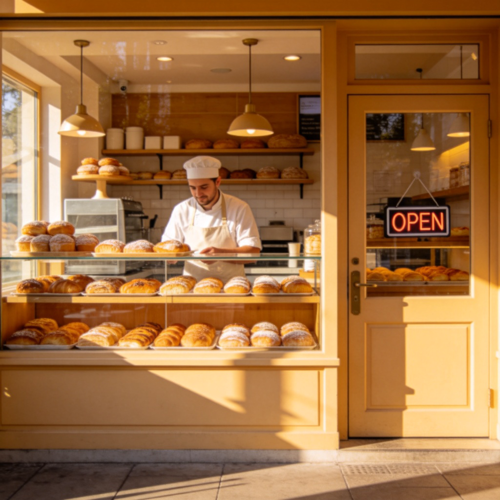 A well-lit bakery with a clear sign on the door that reads "OPEN". Inside, a friendly baker is visible behind the counter, ready to serve. Pastries are displayed in the window. No text beyond the "OPEN" sign.