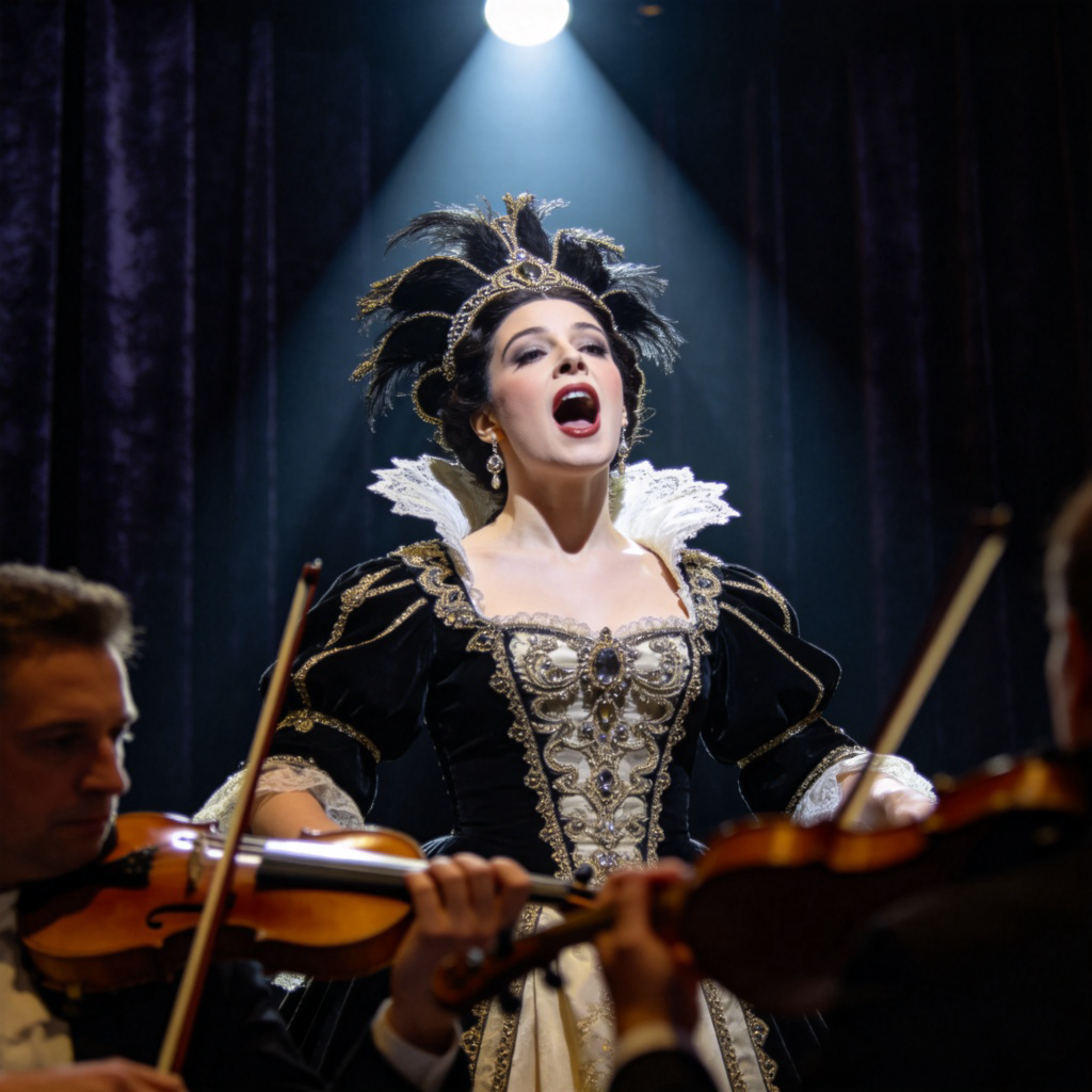 A close-up view of an opera singer on stage, wearing an elaborate historical costume and a dramatic headdress. She is singing with her mouth open, under a single bright spotlight. A blurred orchestra is in the foreground. The background is dark velvet curtains. Photorealistic style, no text or logos.