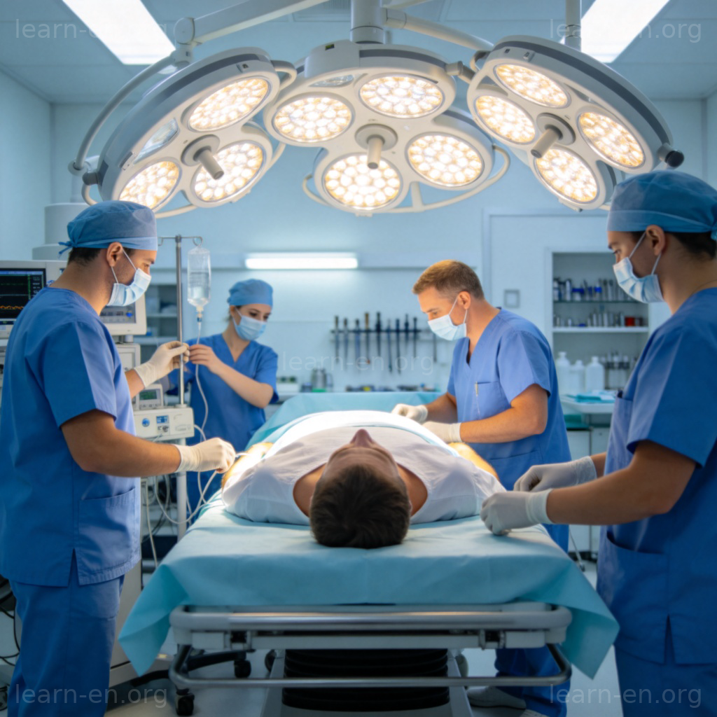 Operating room with surgeons performing surgery under bright lights