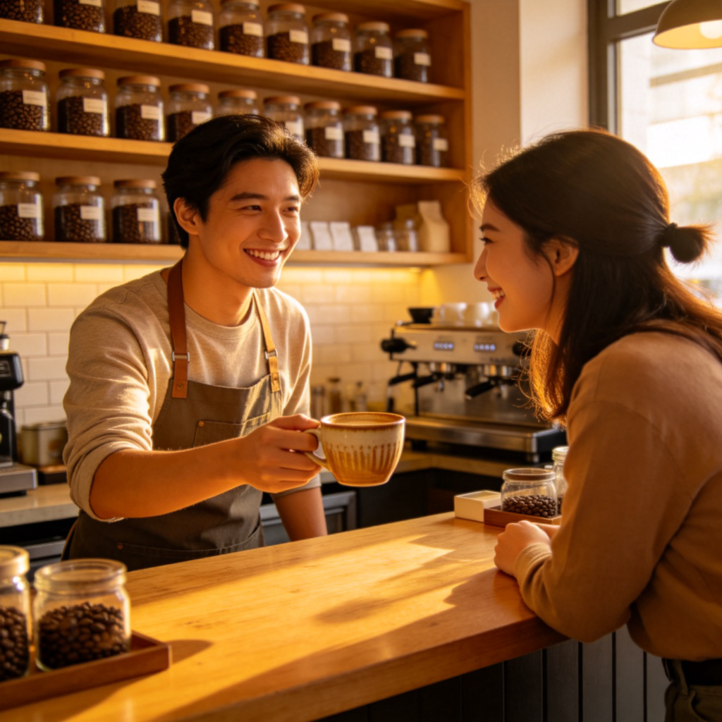 operator 经营者图解：咖啡馆老板与顾客亲切互动场景